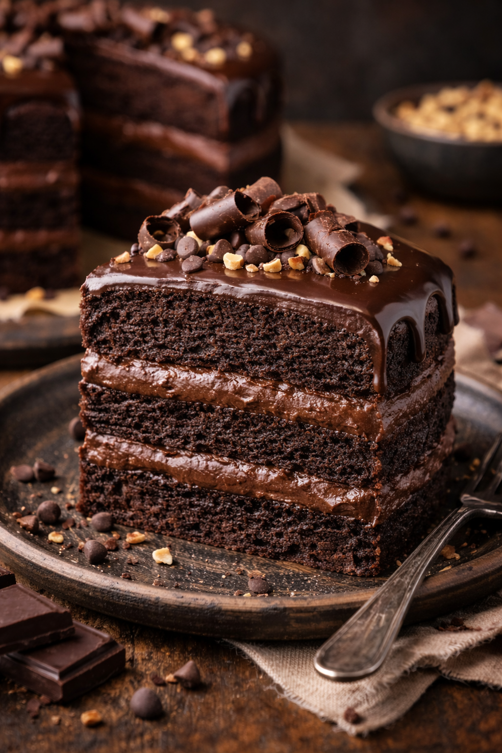 Presjek čokoladne posne torte sa tri sloja biskvita i čokoladnim filom