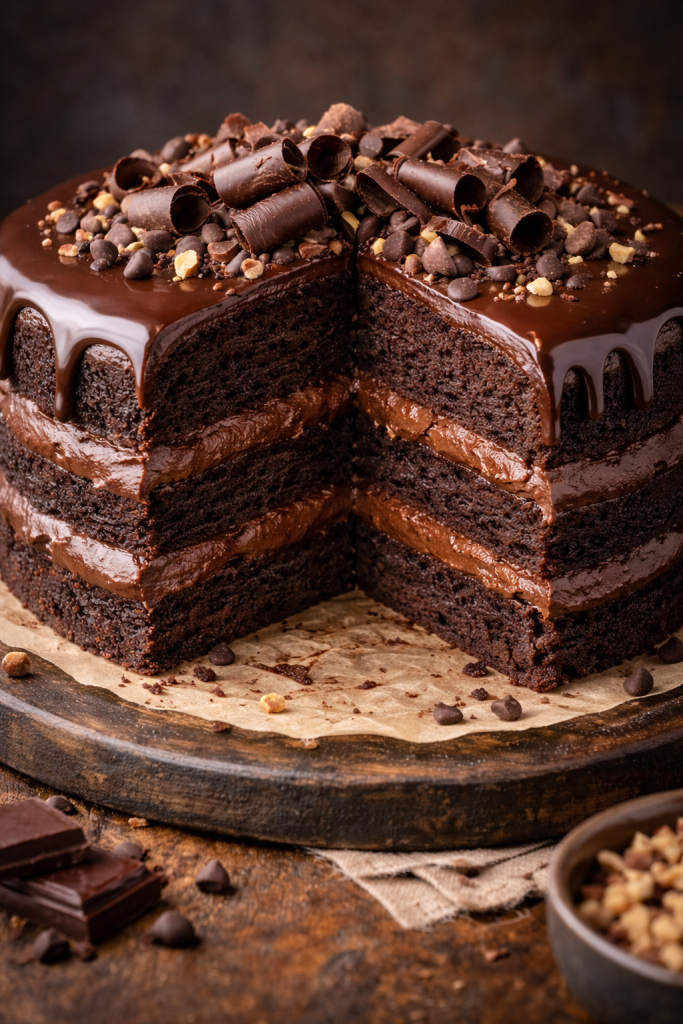 Presjek čokoladne posne torte sa tri sloja biskvita i čokoladnim filom