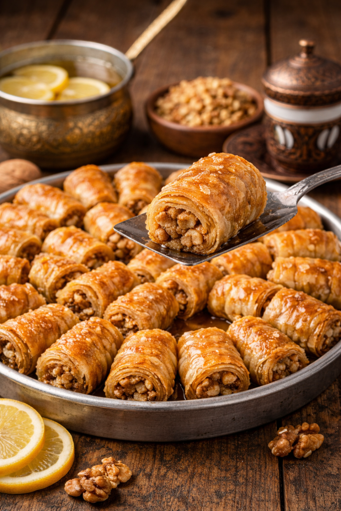 Presjek divit baklave sa vidljivim slojevima jufke i oraha