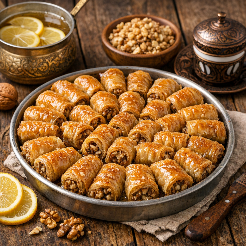 Divit baklava u tepsiji prelivena agdom sa orasima i limunom