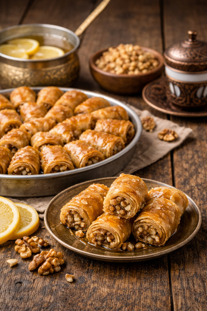 Komadi divit baklave sa orasima servirani na tanjiru