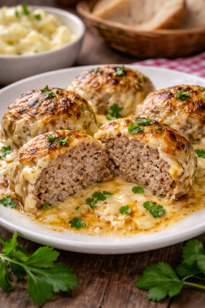 Presjek domaćih đulbastija sa sočnim mljevenim mesom i kremastim umakom