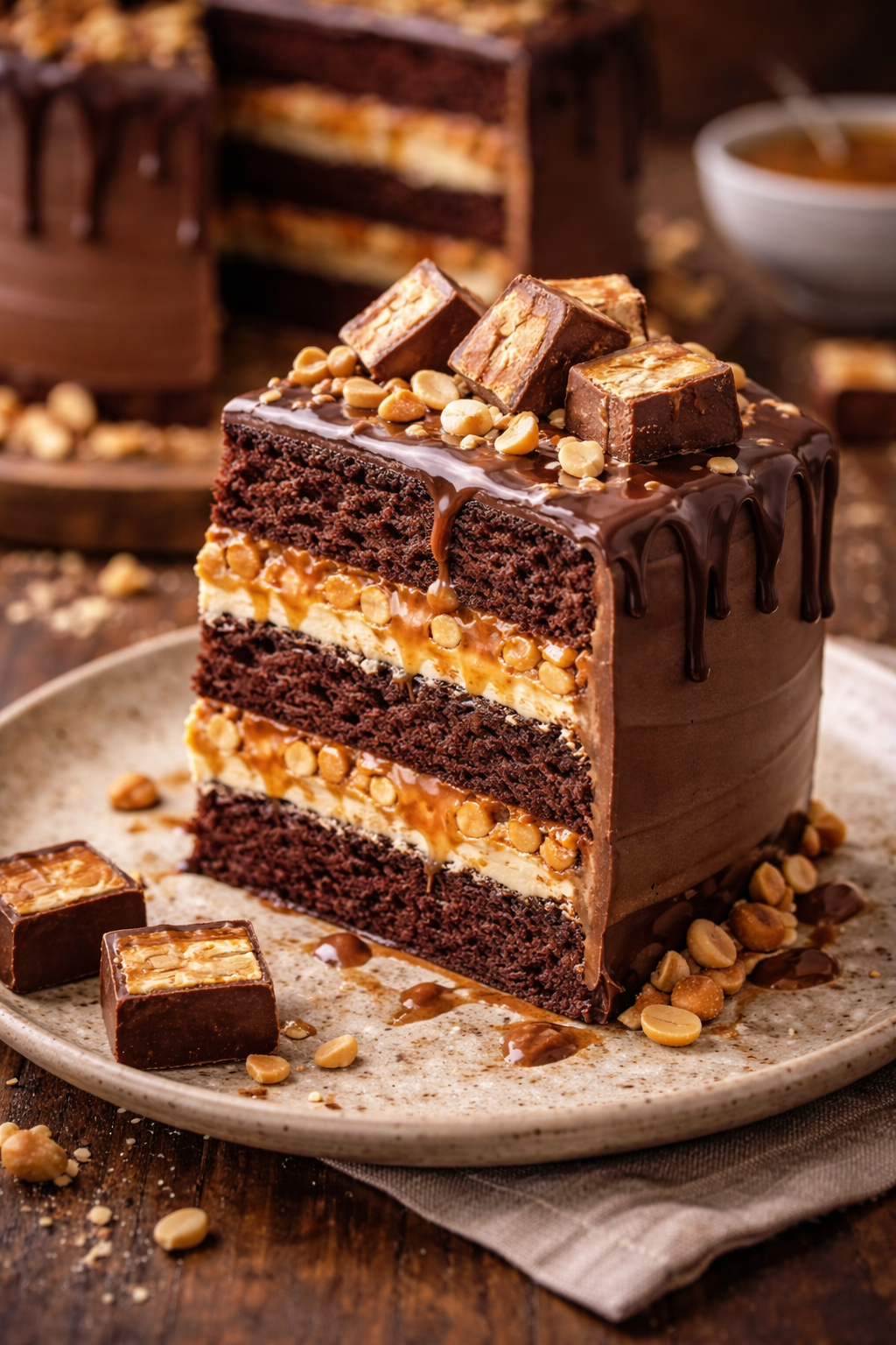 Slojevi snikers torte sa karamelom i čokoladnim filom