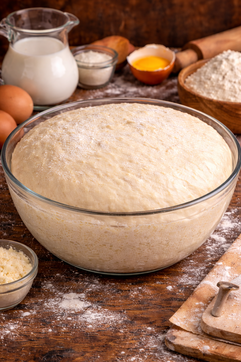 Ludo tijesto u staklenoj zdjeli nakon dizanja spremno za pripremu kiflica i pizze