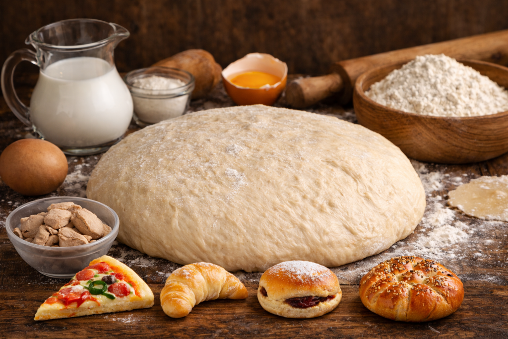 Ludo tijesto u staklenoj zdjeli nakon dizanja spremno za pripremu kiflica i pizze