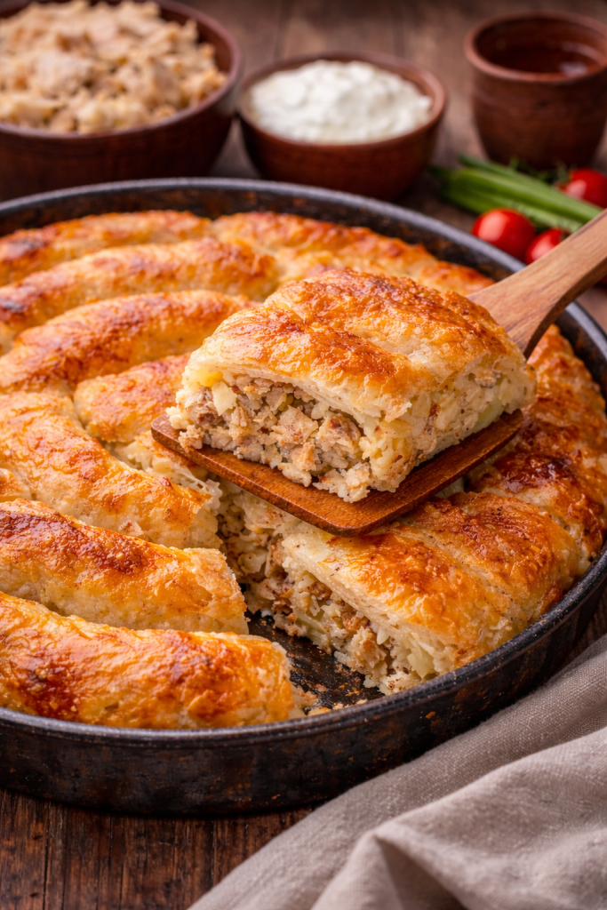 Maslanica sa piletom zlatno pečena u okruglom plehu sa sočnim nadjevom