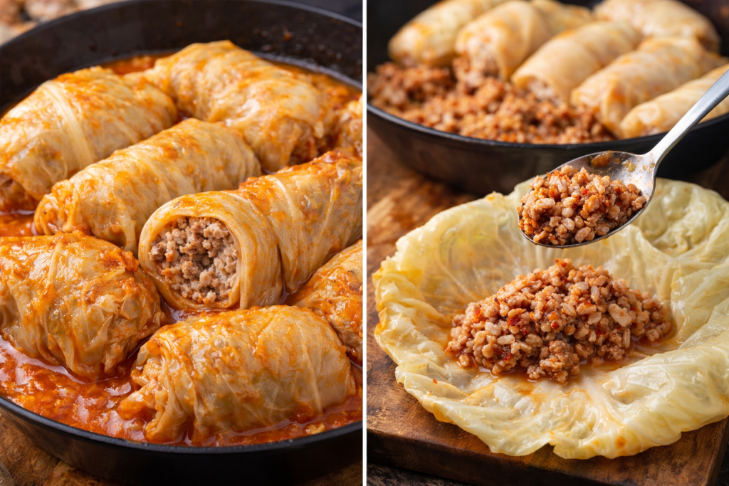 Motanje sarme od kiselog kupusa sa mesom i rižom