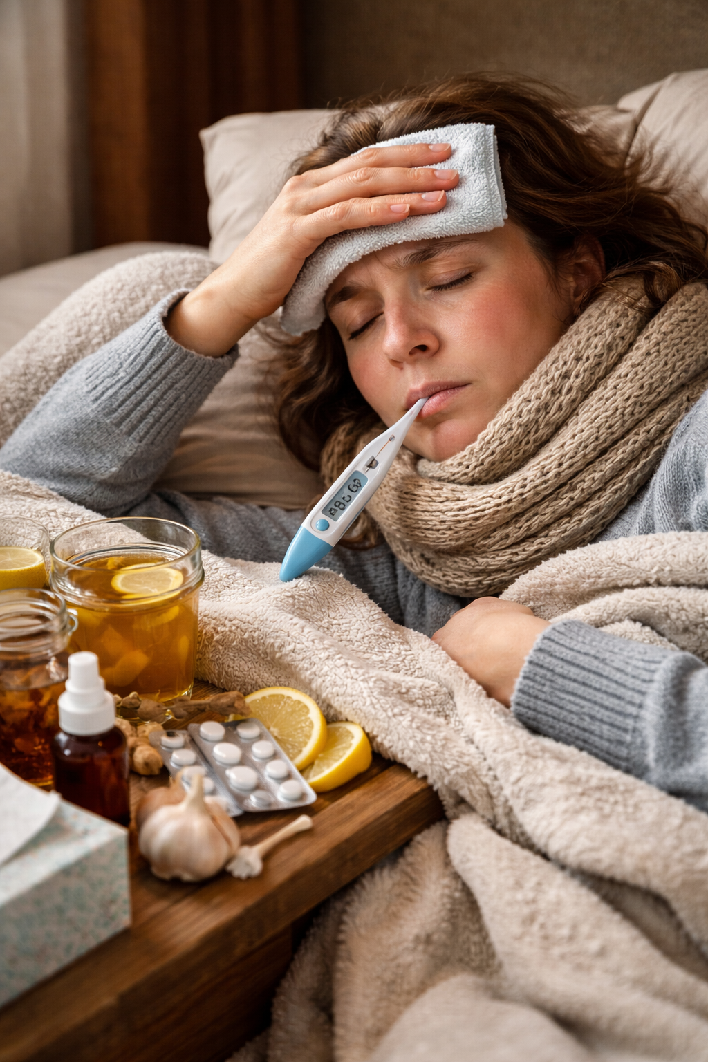 Osoba sa visokom temperaturom leži u krevetu sa toplom oblogom i toplim čajem
