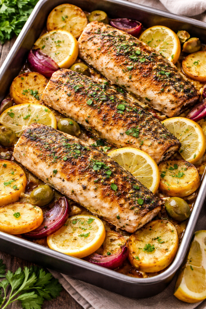 Pečeni oslić u rerni sa krompirom i limunom u plehu