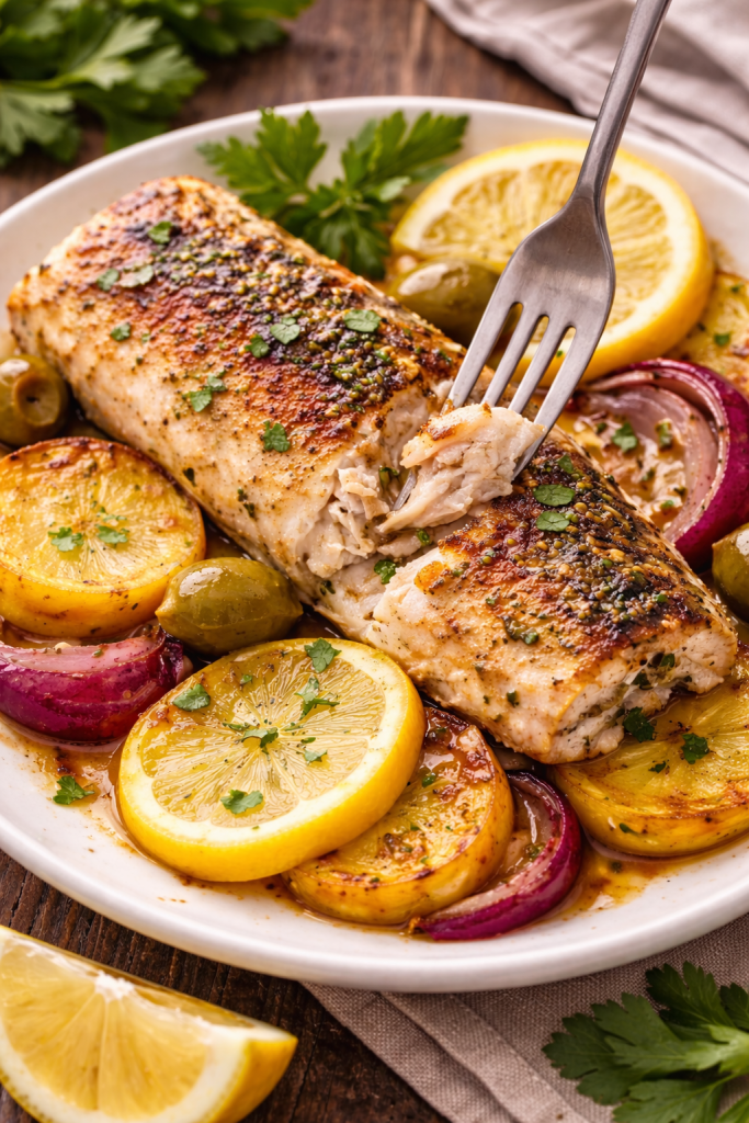 Viljuška odvaja sočno meso pečenog oslića u rerni