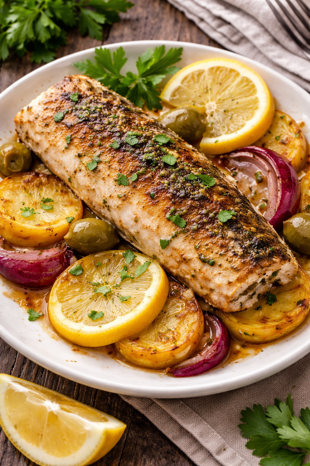 Pečeni oslić u rerni serviran u tanjiru sa krompirom i limunom