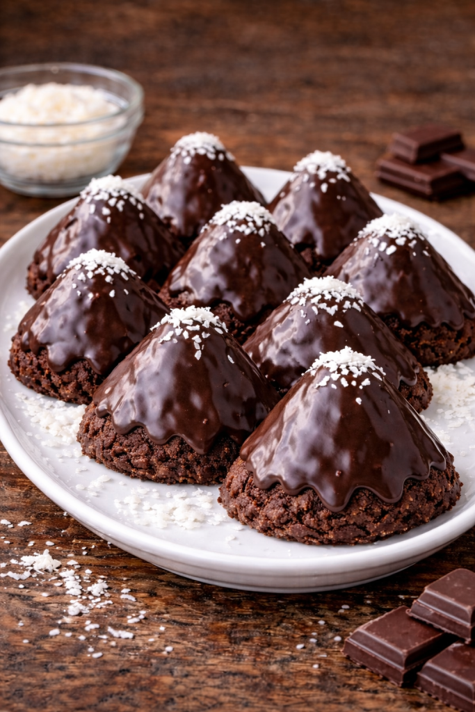 Piramide od keksa bez pečenja servirane na bijelom ovalnom tanjiru – 8 komada sa čokoladnom glazurom i kokosom