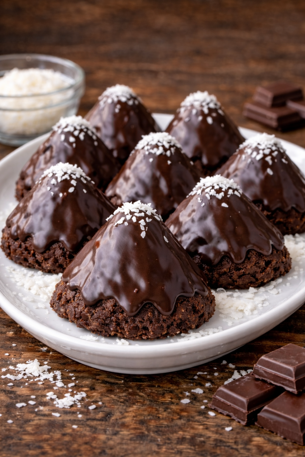 Piramide od keksa bez pečenja servirane na bijelom ovalnom tanjiru – 8 komada sa čokoladnom glazurom i kokosom