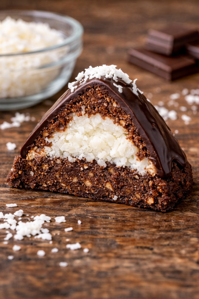 Piramide od keksa bez pečenja servirane na bijelom ovalnom tanjiru – 8 komada sa čokoladnom glazurom i kokosom