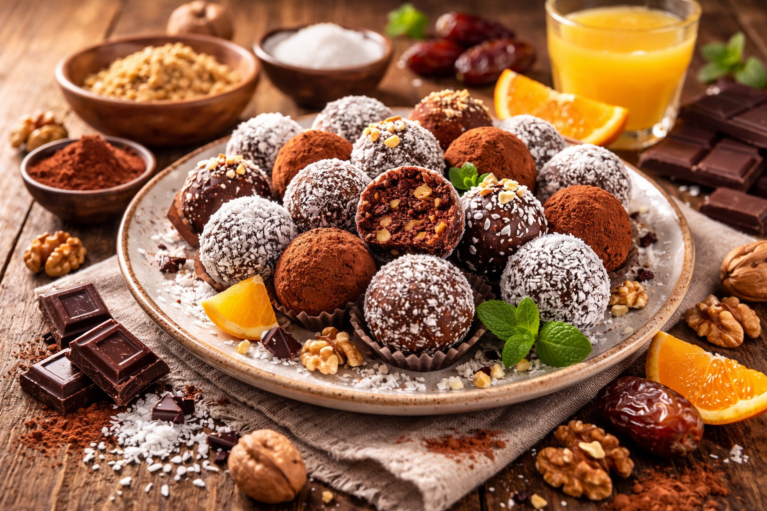 Posne kuglice bez pečenja uvaljane u kokos i kakao na rustičnom drvenom stolu