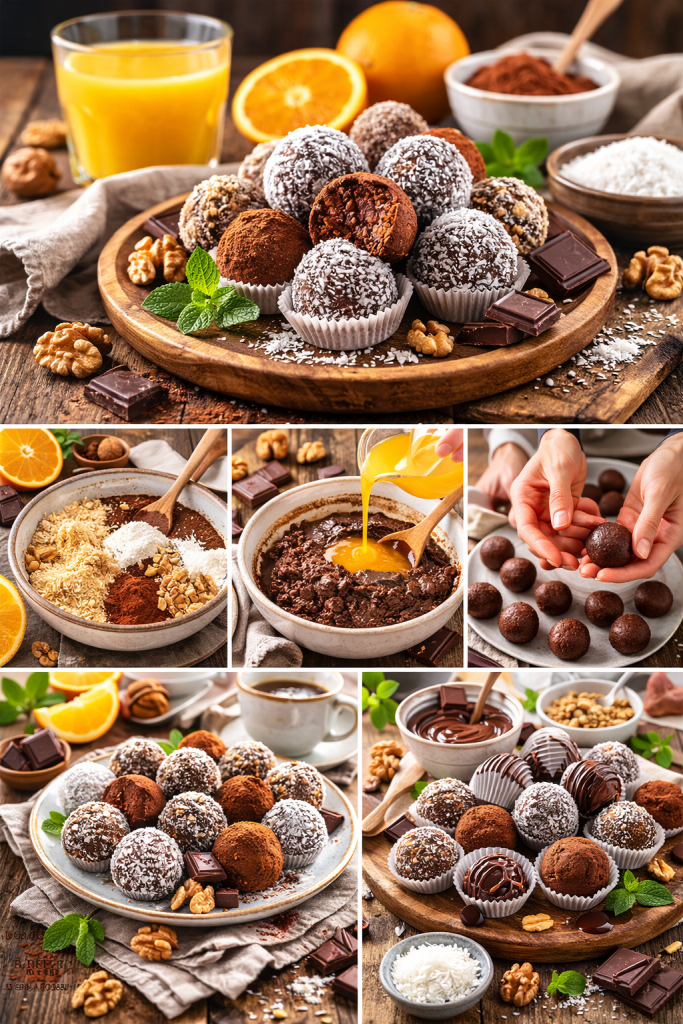 Posne kuglice bez pečenja uvaljane u kokos i kakao na rustičnom drvenom stolu