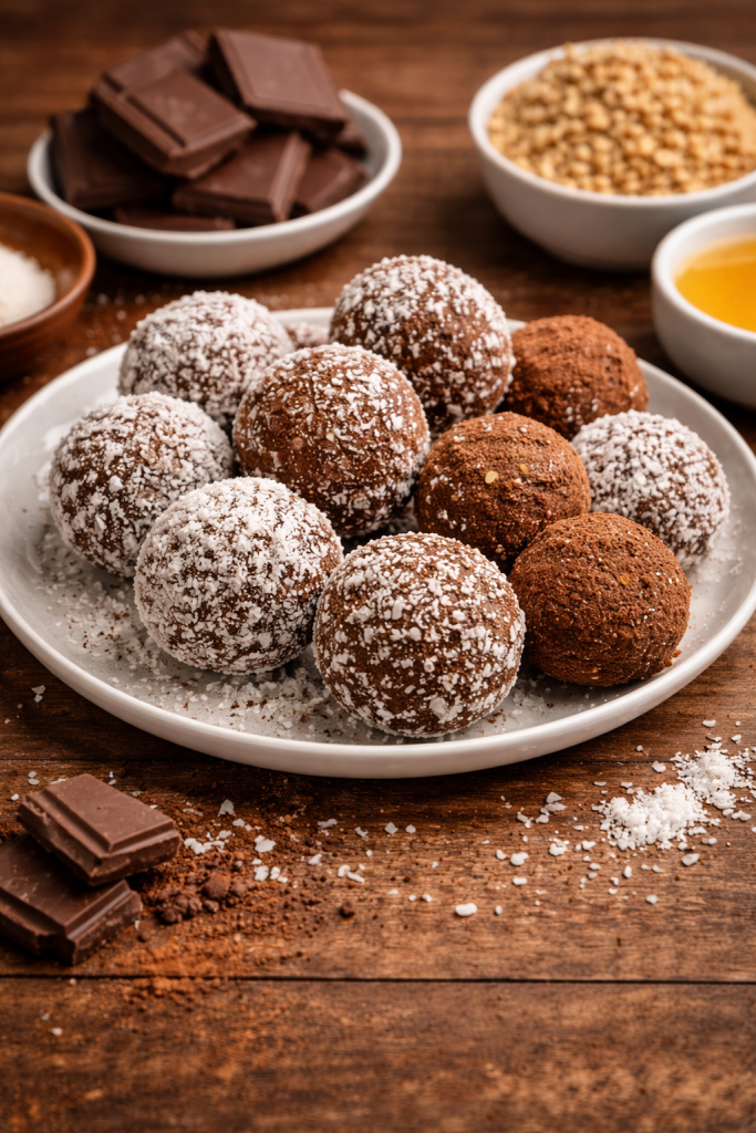 Presjek posne kuglice sa orasima i kakaom koji pokazuje sočnu unutrašnjost