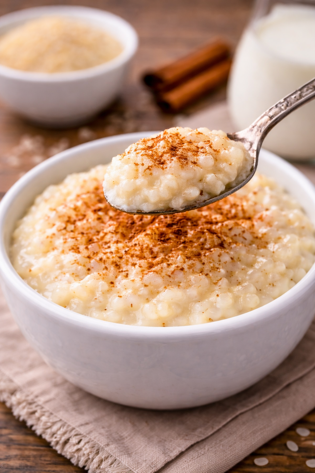 Kremasta riža sa mlijekom posuta cimetom u bijeloj zdjeli