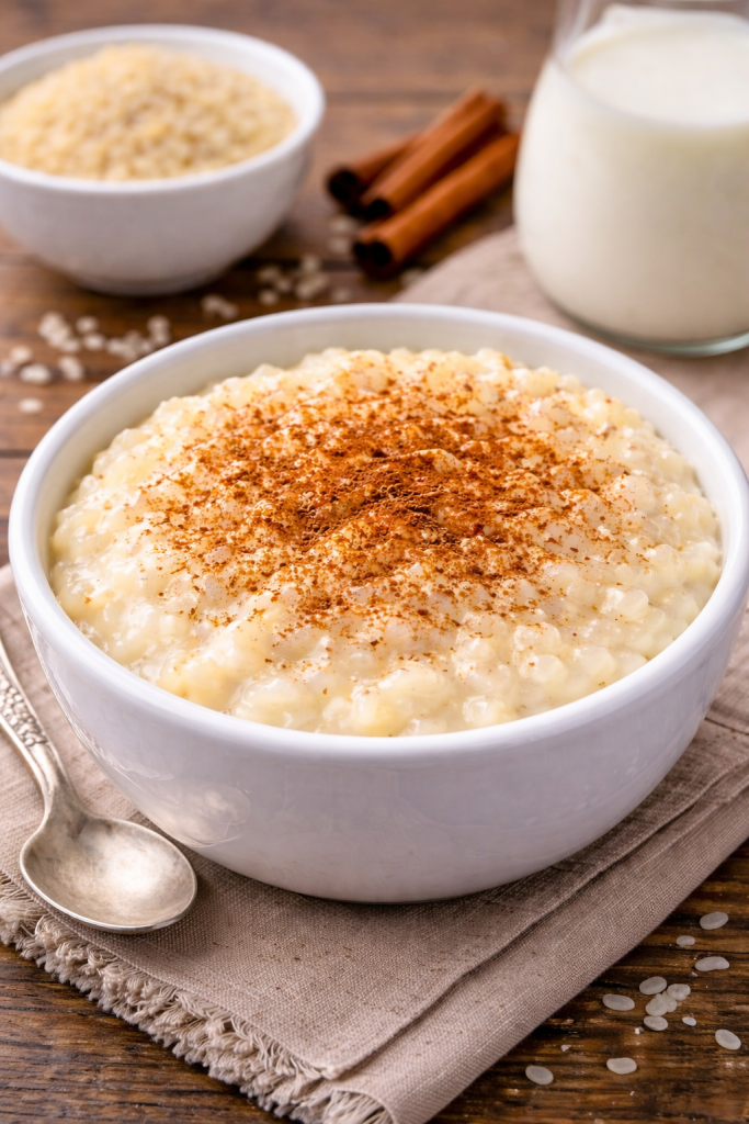 Kremasta riža sa mlijekom posuta cimetom u bijeloj zdjeli