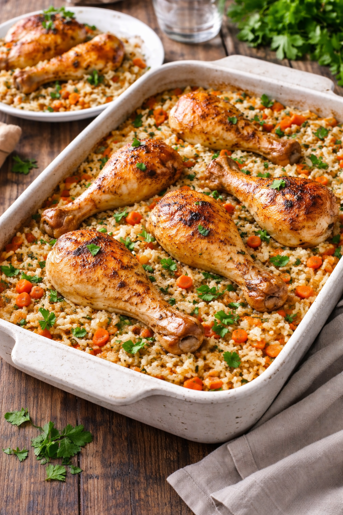 Riža sa piletinom iz rerne zapečena u tepsiji sa mrkvom i peršunom