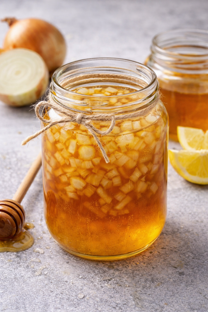 Prirodni sirup od crnog luka i meda u staklenoj tegli