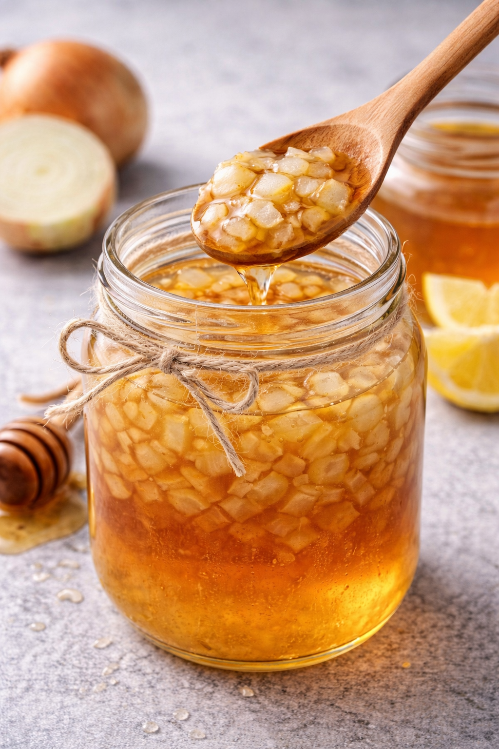 Prirodni sirup od crnog luka i meda u staklenoj tegli