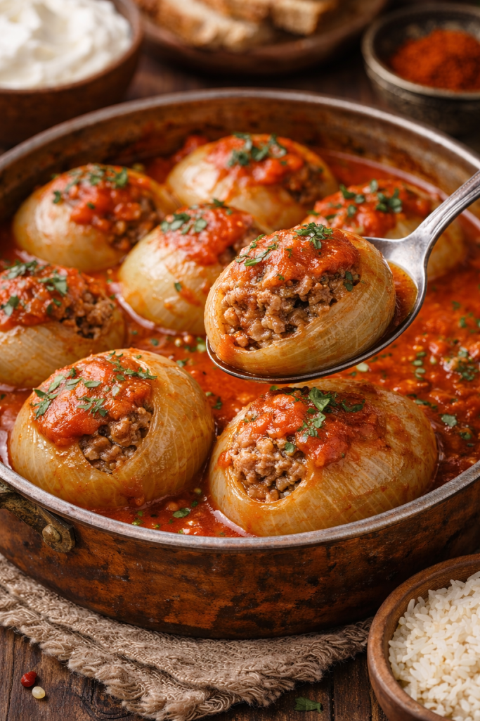 Presjek sogan dolme sa mljevenim mesom i rižom