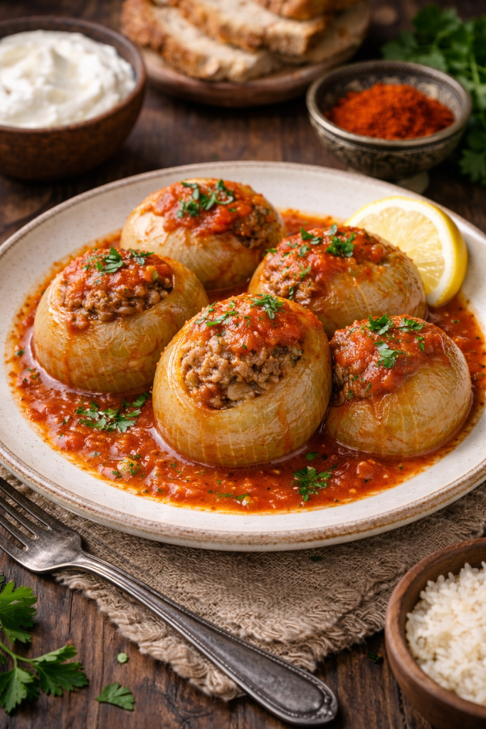 Sogan dolma servirana u tanjiru sa sosom i limunom