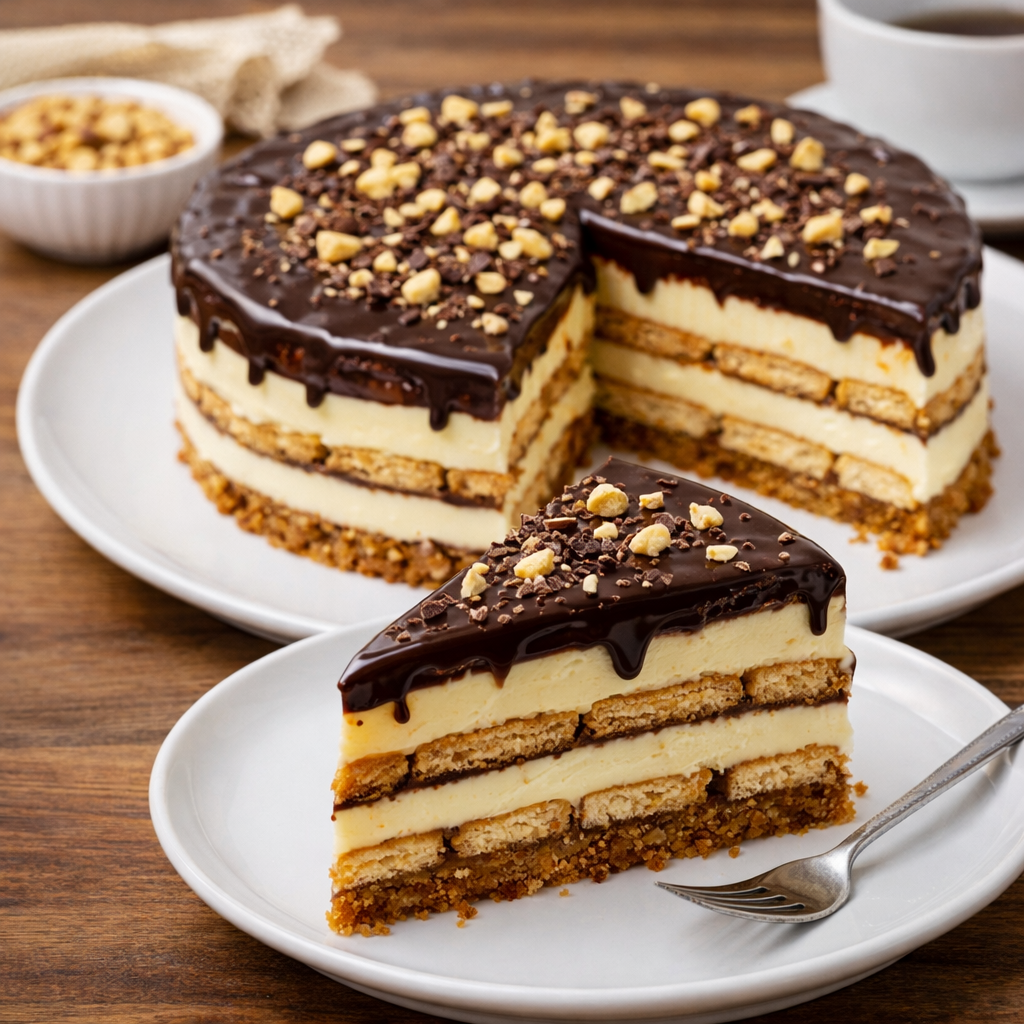 Torta bez pečenja sa keksom sa čokoladnom glazurom i slojevima pudinga