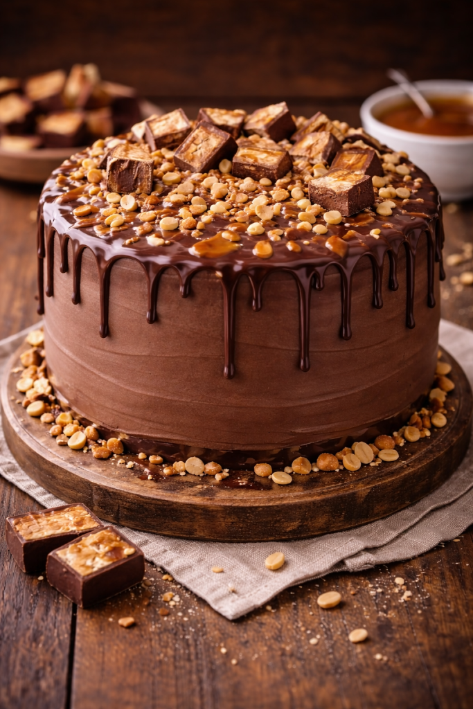 Torta snikers sa čokoladnim preljevom, karamelom i kikirikijem