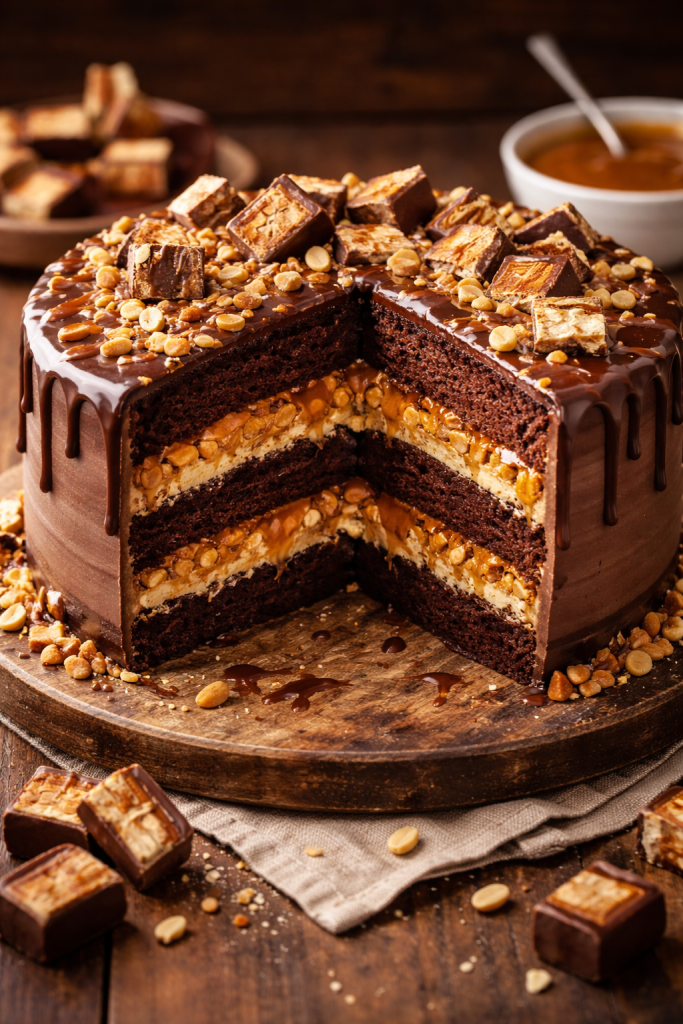 Slojevi snikers torte sa karamelom i čokoladnim filom