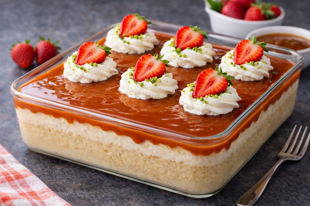 Sočno domaće trileće u plehu sa karamel glazurom i jagodama