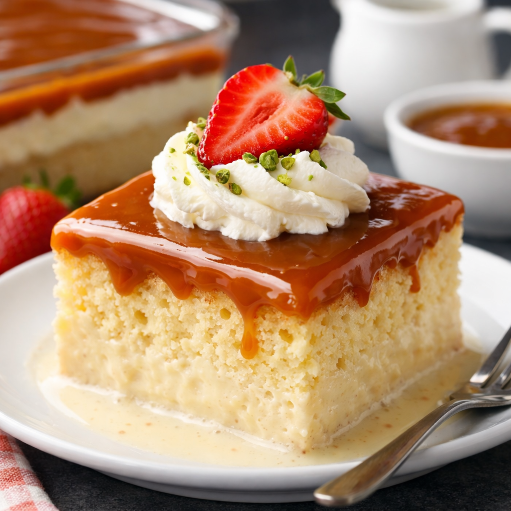 Sočno domaće trileće u plehu sa karamel glazurom i jagodama