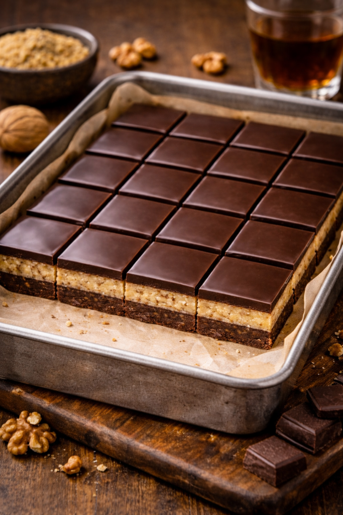 Domaće bajadere u tepsiji rezane na kocke sa čokoladnom glazurom