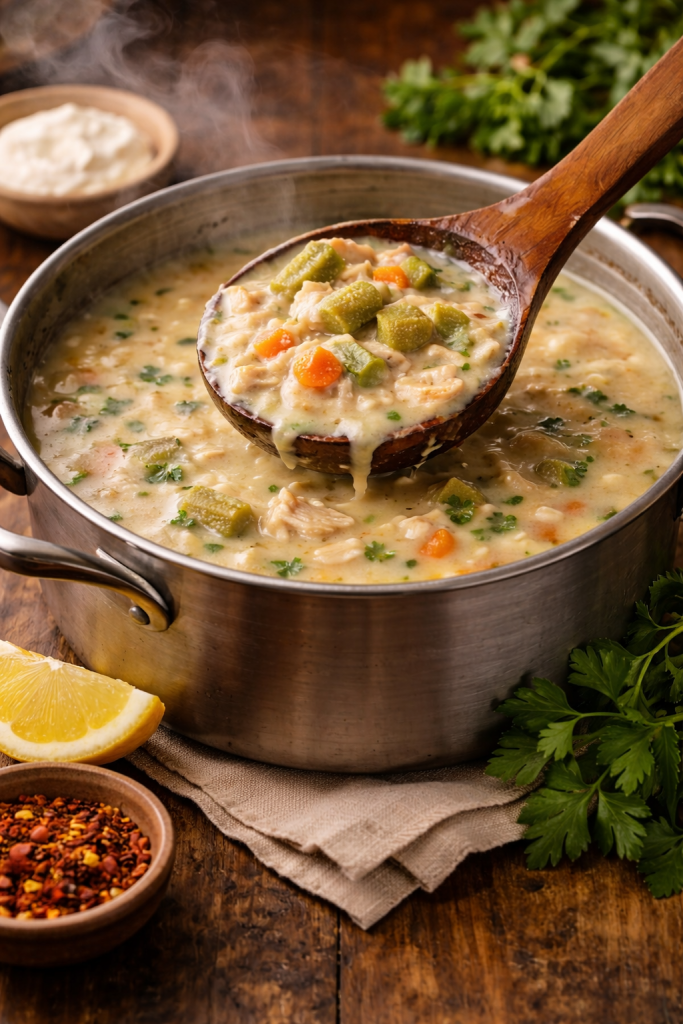 Begova čorba u šerpi tokom kuhanja sa bamijom i piletinom