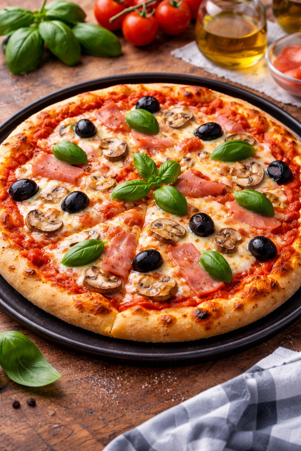 Domaća pizza sa mozzarellom, šunkom i šampinjonima