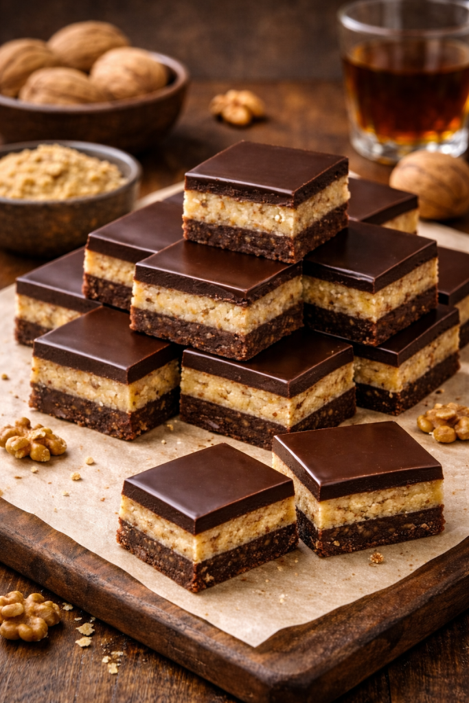 Bajadere sa orasima i čokoladnom glazurom na drvenoj podlozi