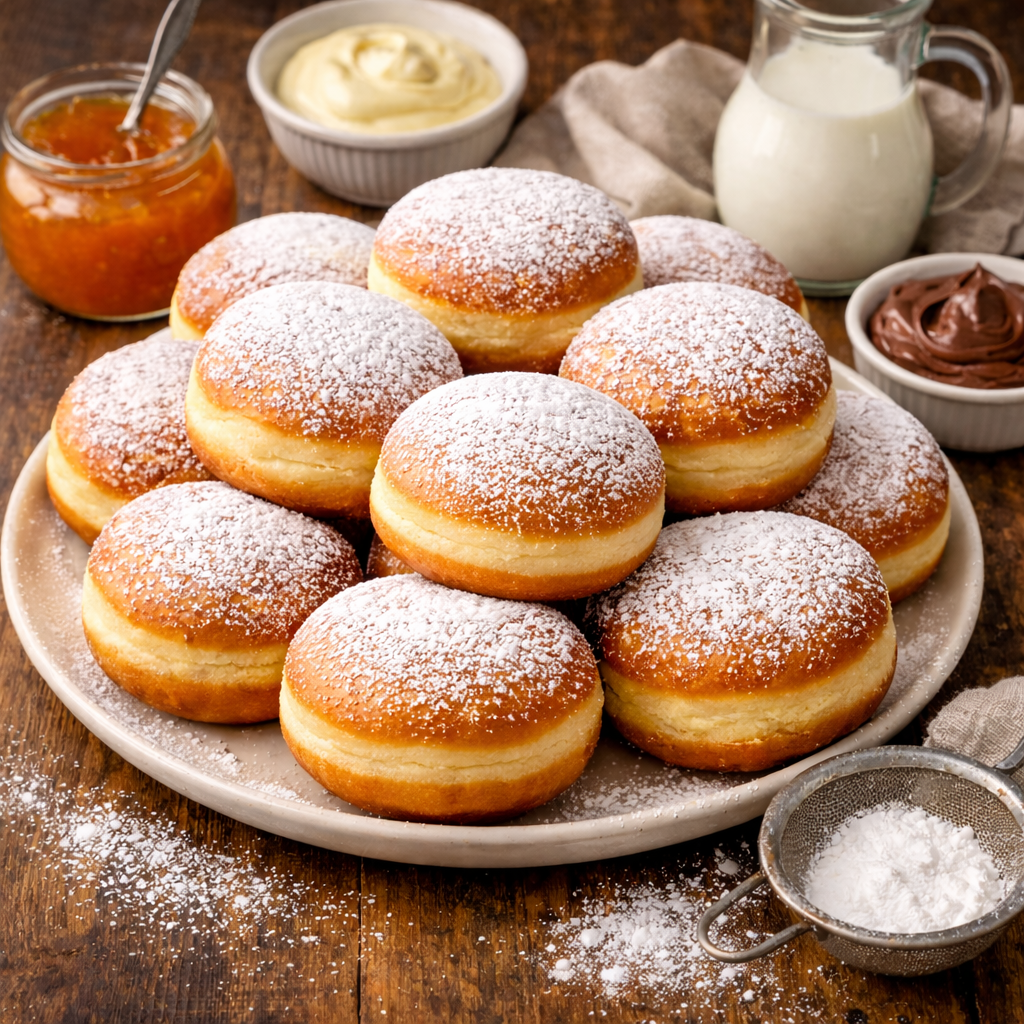 tanjir sa domaćim krofnama posutim šećerom u prahu