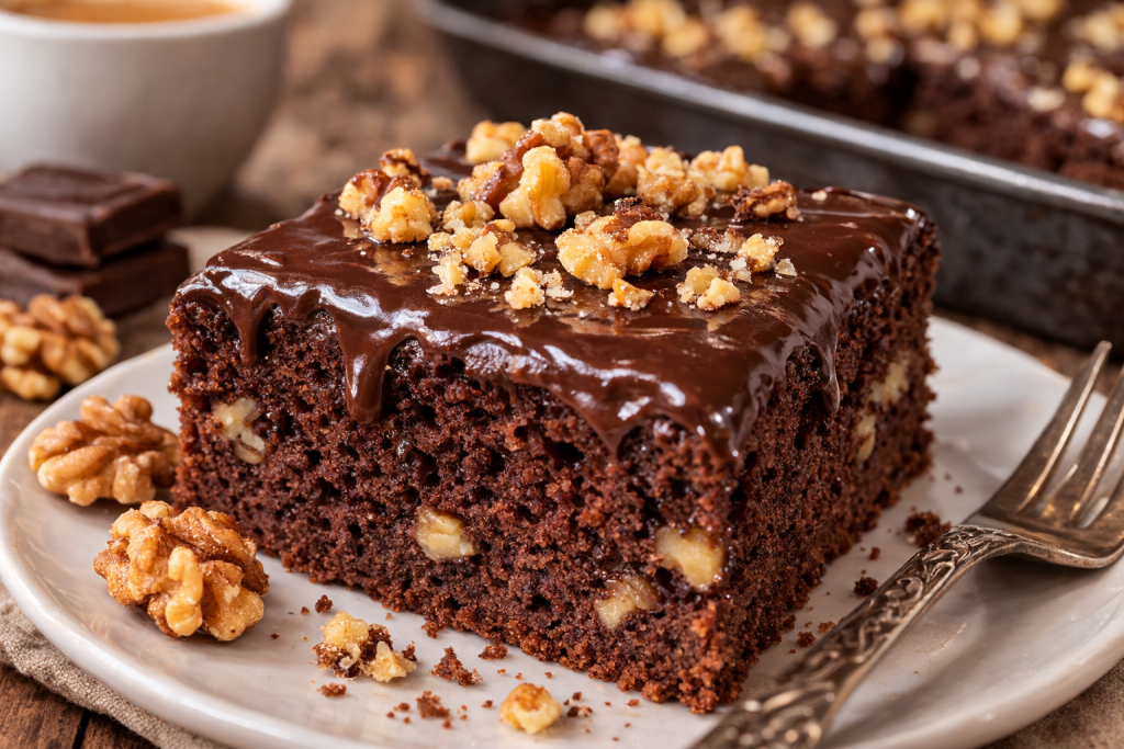 Presjek sočnog čokoladnog kolača sa orasima