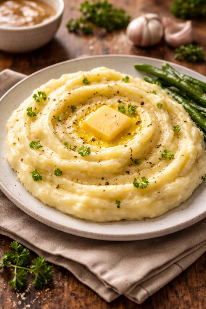 kremasti krompir pire serviran u tanjiru sa maslacem