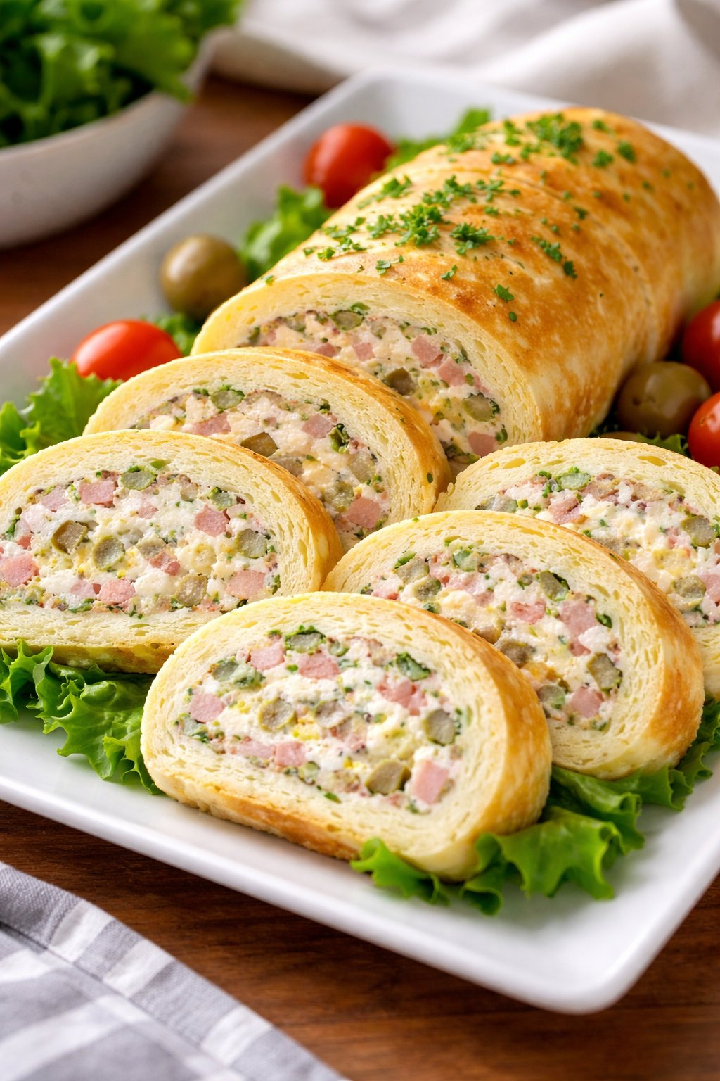 Domaći slani rolat sa šunkom, sirom i kiselim krastavcima serviran na tanjiru