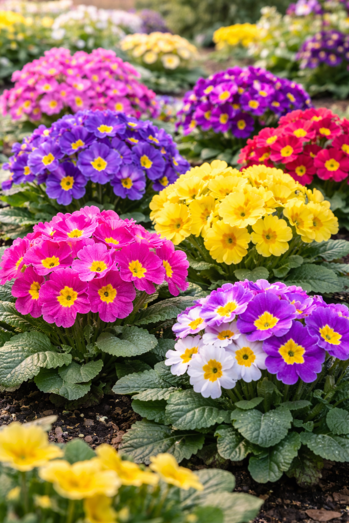 Jagorčevina u raznim bojama koja cvjeta u proljetnom vrtu