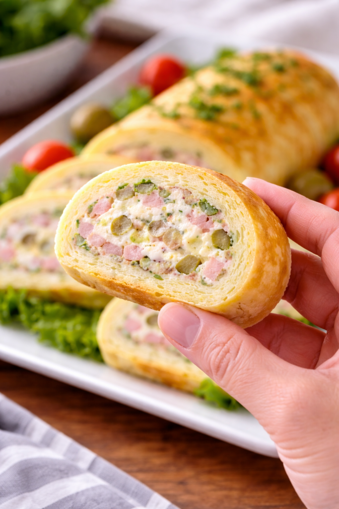 Komad slanog rolata koji se jede rukom, punjen šunkom i krem sirom