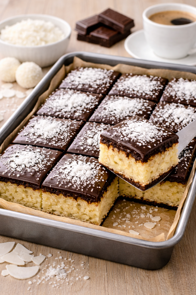 Kokos kolač sa čokoladnom glazurom u tepsiji posut kokosom