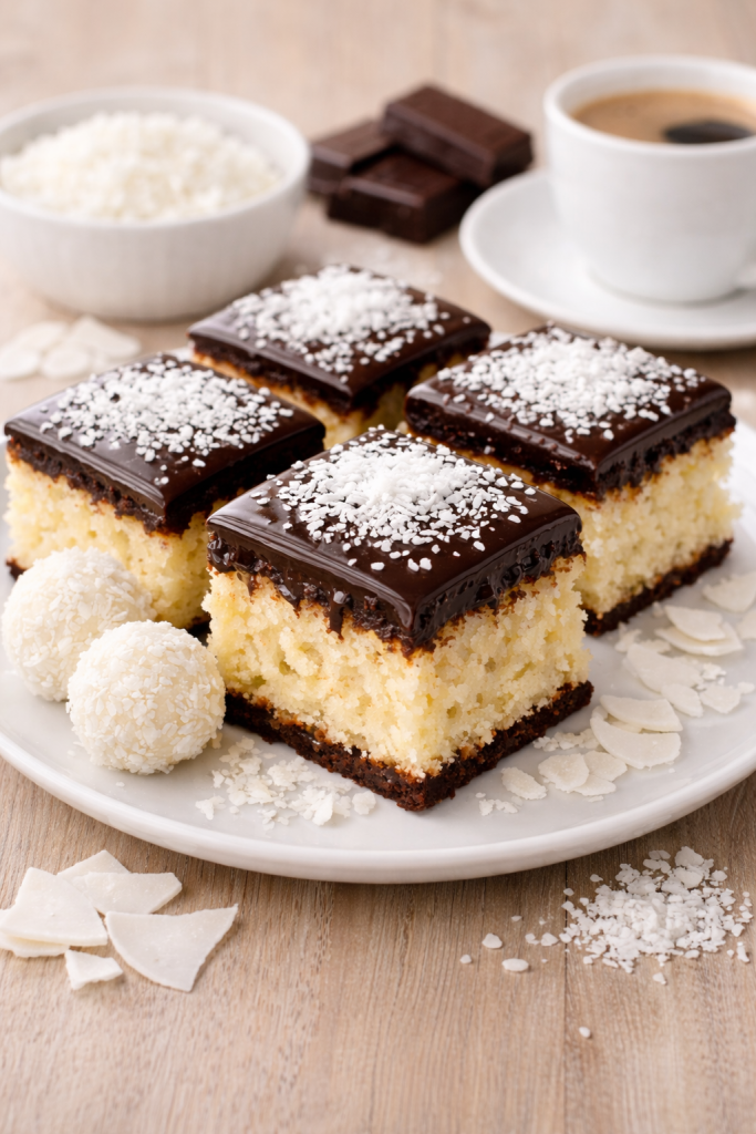 Kokos kolač sa čokoladnom glazurom u tepsiji posut kokosom