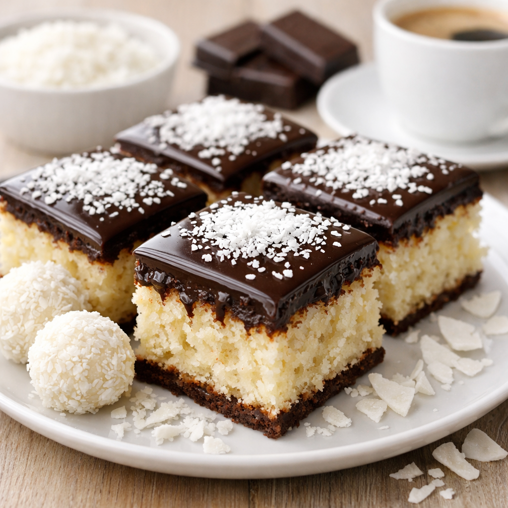 Kokos kolač sa čokoladnom glazurom u tepsiji posut kokosom