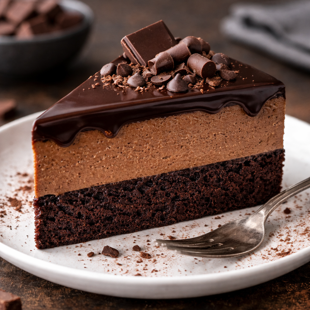 Komad čokoladne mousse torte na bijelom tanjiru