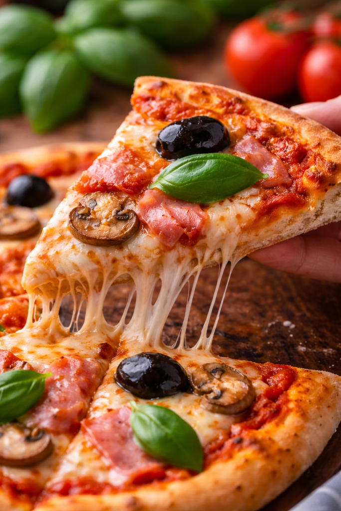 Komad domaće pizze sa rastezljivim sirom