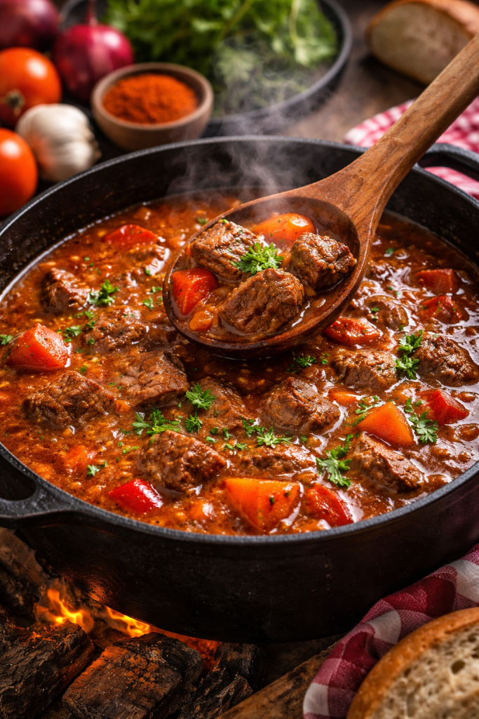 Priprema lovačkog gulaša sa mesom i povrćem u šerpi