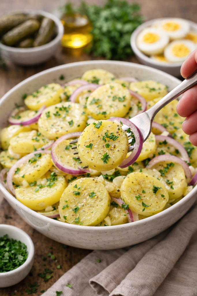 Krompir salata sa lukom i peršunom koja se jede viljuškom